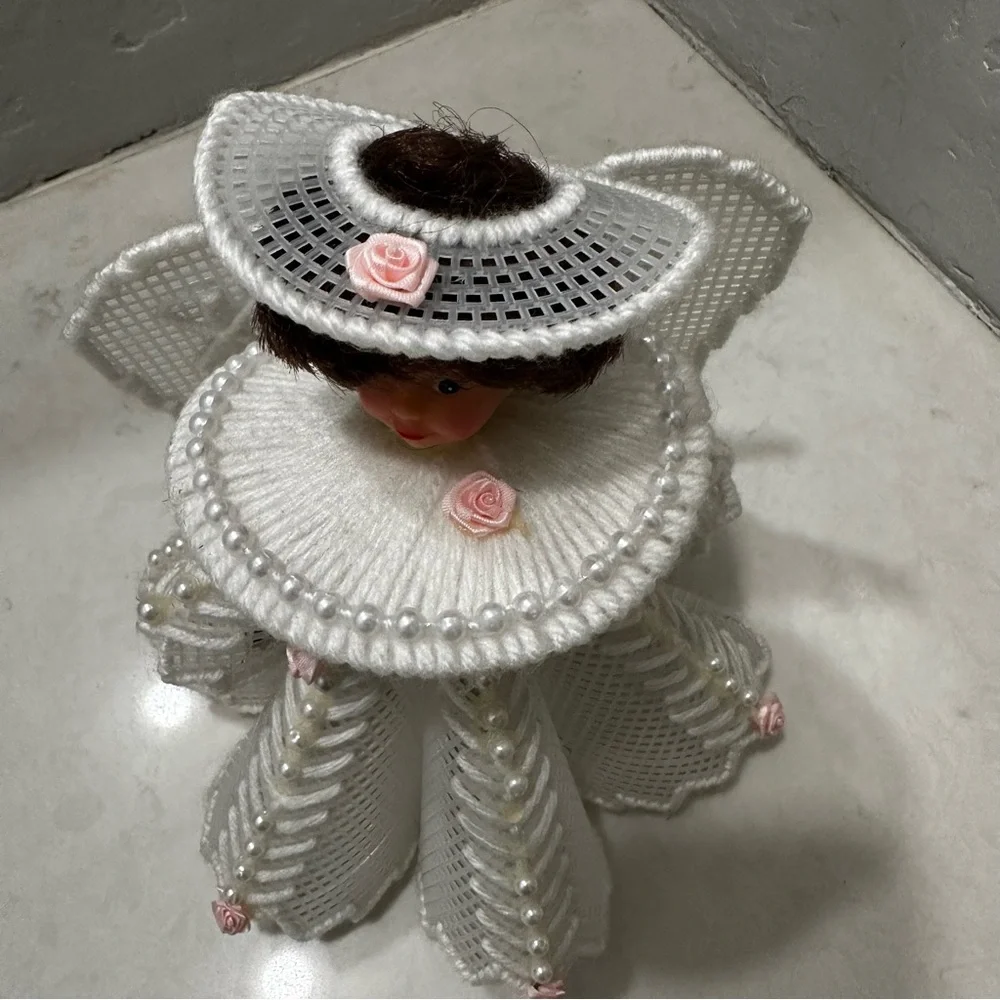 Vintage Handmade Canvas Yarn Angel Christmas Tree Pearl Pink Roses 1970s